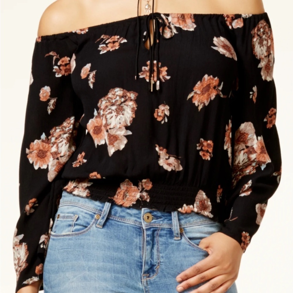 American Rag Off the Shoulder Cropped Peasant Top Black Floral, Size Small
